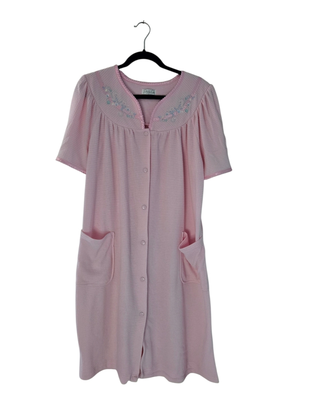 Jasmine Rose Classic Pink Button-Front Housecoat Robe with Embroidered Yoke